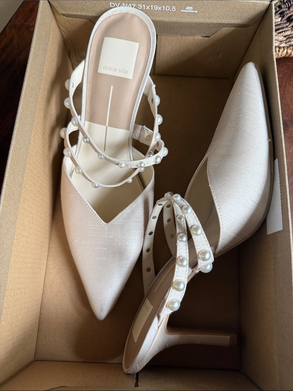 Dolce Vita Ivory Pearl-Strap Pointed Slingback Heels